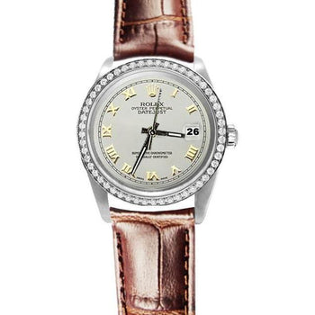 Rolex Watch White Roman Dial Diamond Bezel Leather Band QUICK SET