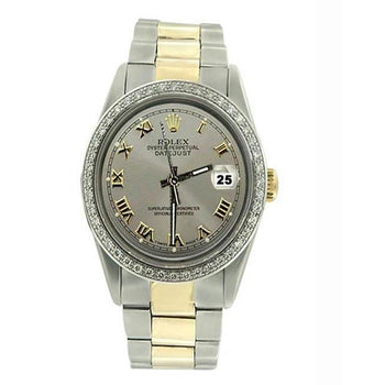 Midsize Rolex Brown Oyster Bracelet Ss & Gold Gray Roman Dial Watch