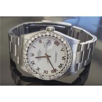 Rolex Datejust Stainless Steel Oyster White Roman Diamond Bezel Watch QUICK SET