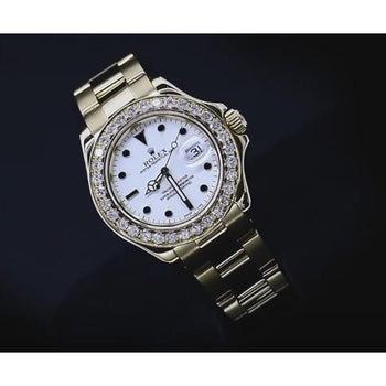 Midsize Yachtmaster Rolex Watch Custom Diamond Bezel White Dial