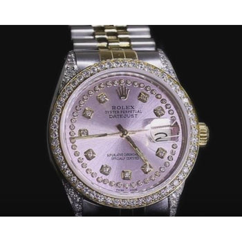 Rolex Datejust Watch Pink Custom Diamond Dial Two Tone Bracelet