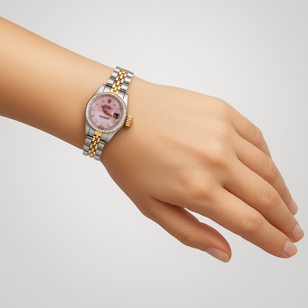 Ladies Pink Mop Natural Earth Mined Diamond Dial Watch Rolex Datejust Two Tone