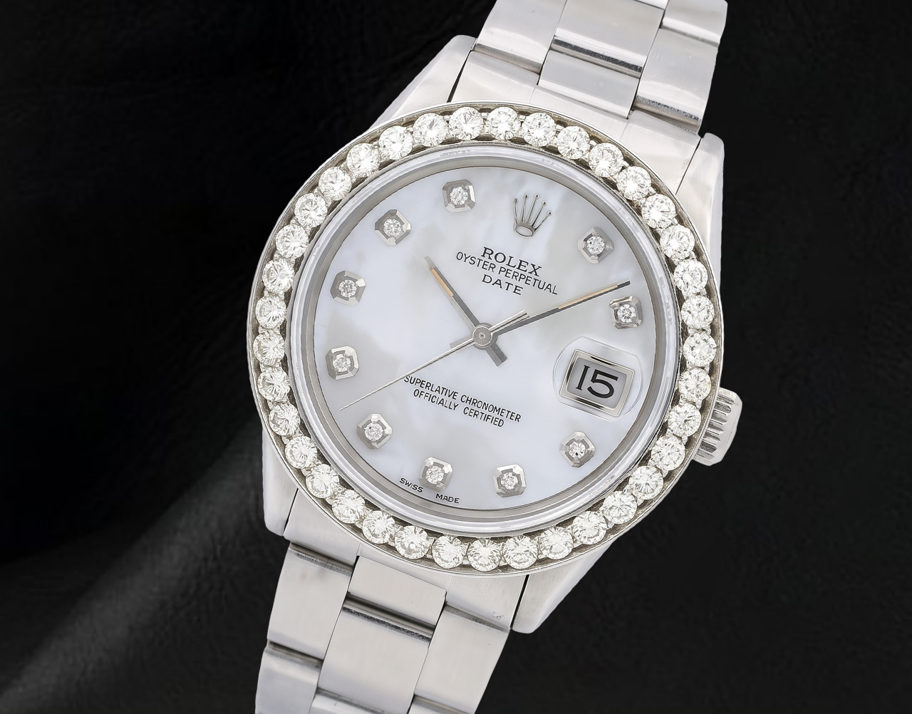 Rolex 34mm Oyster Bracelet 1500 White Mother Of Pearl Diamond Dial Watch