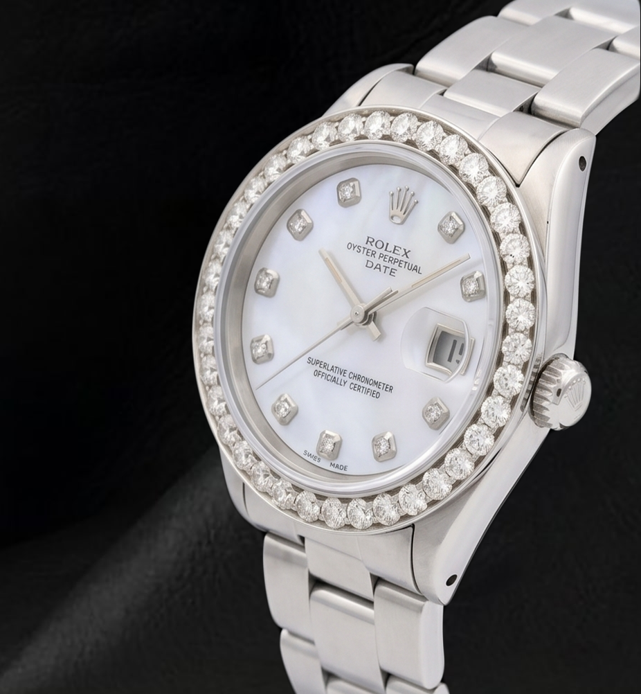 Rolex 34mm Oyster Bracelet 1500 White Mother Of Pearl Diamond Dial Watch