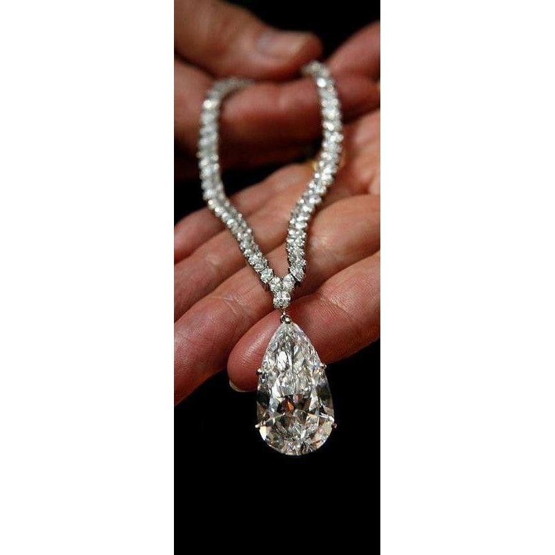 35 Carat Pear Natural Diamond Necklace Solid White Gold 14K