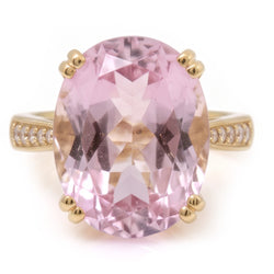 37.65 Ct. Big Kunzite With Small Natural Earth Mined Diamonds Wedding Ring Yellow Gold