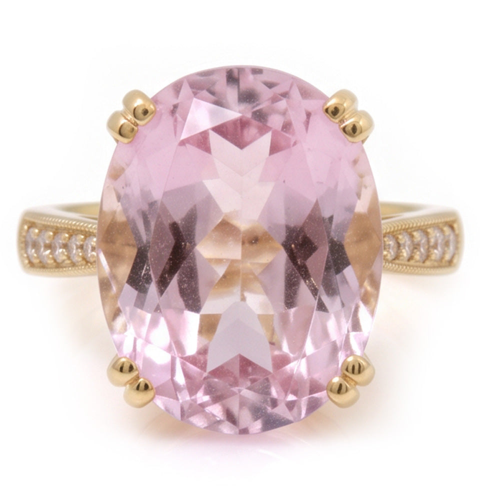 37.65 Ct. Big Kunzite With Small Natural Earth Mined Diamonds Wedding Ring Yellow Gold