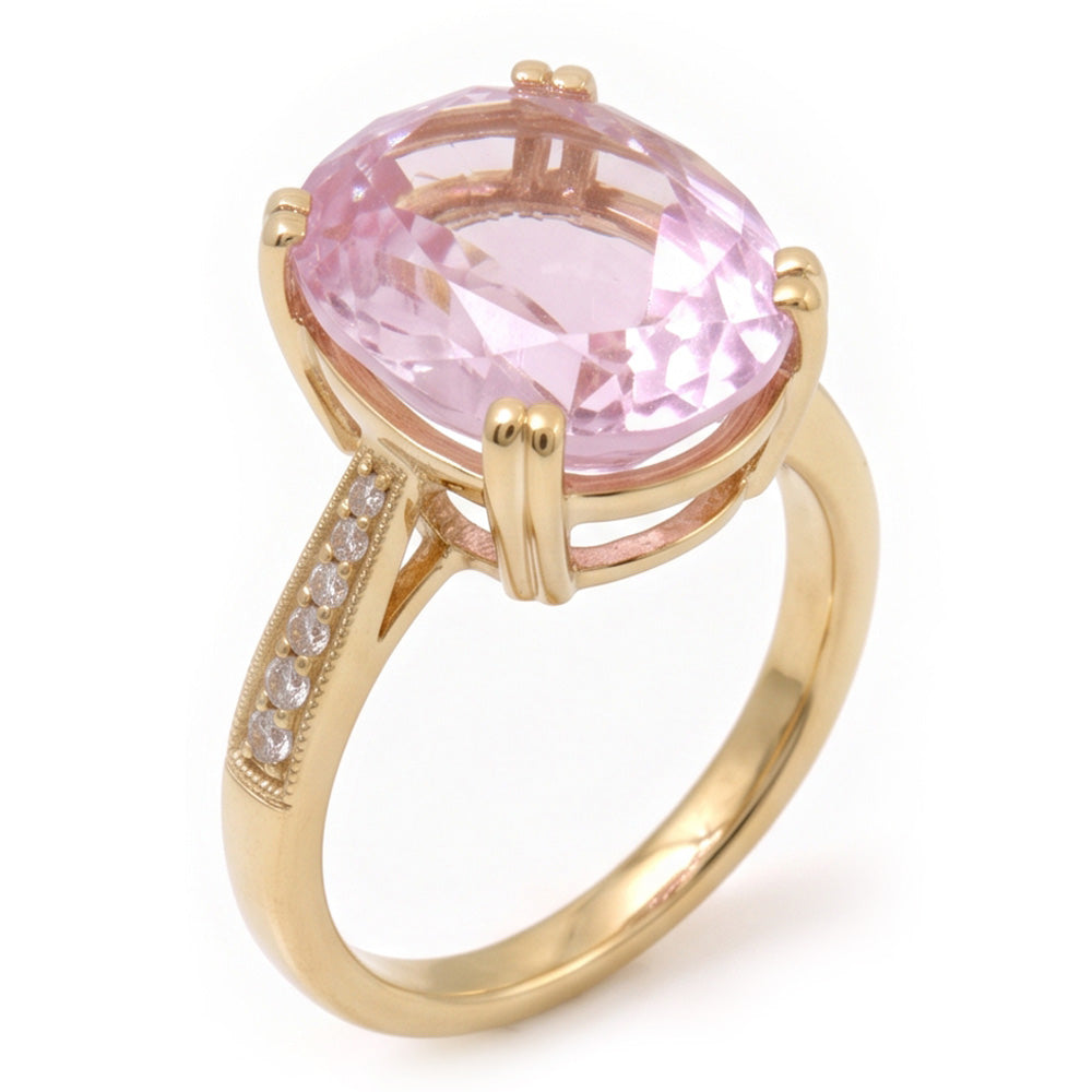 37.65 Ct. Big Kunzite With Small Natural Earth Mined Diamonds Wedding Ring Yellow Gold