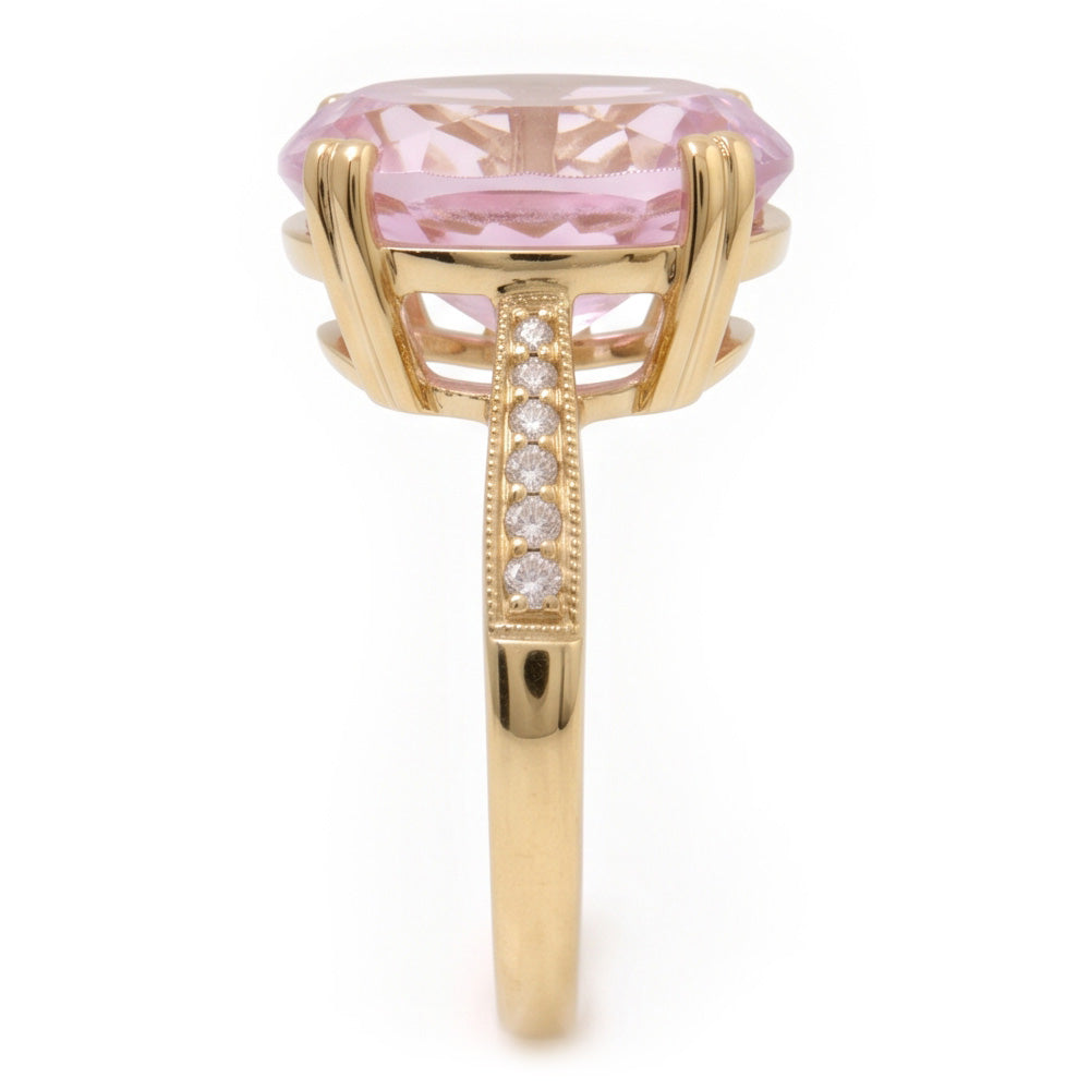 37.65 Ct. Big Kunzite With Small Natural Earth Mined Diamonds Wedding Ring Yellow Gold