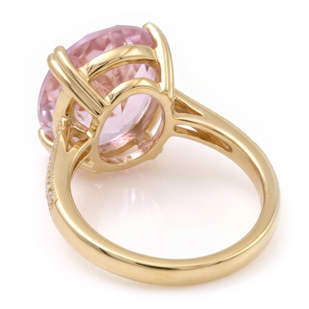 37.65 Ct. Big Kunzite With Small Natural Earth Mined Diamonds Wedding Ring Yellow Gold