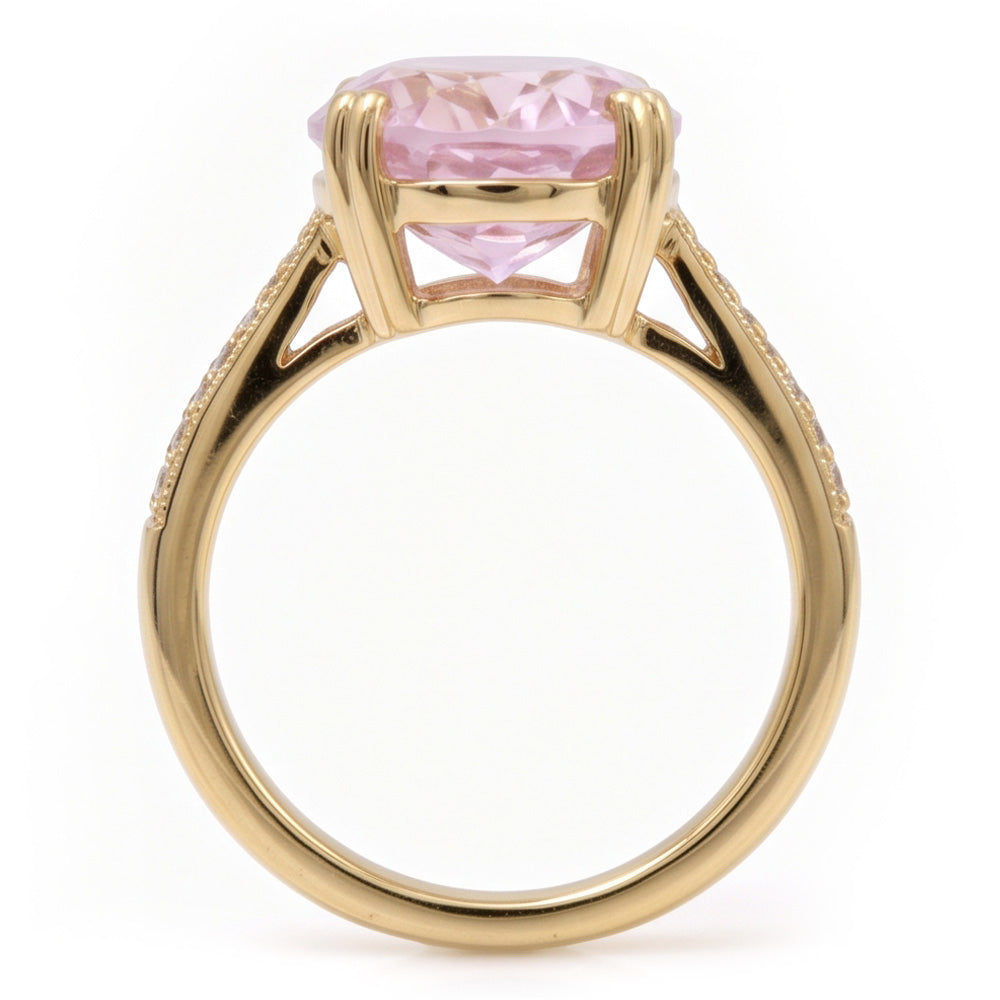 37.65 Ct. Big Kunzite With Small Natural Earth Mined Diamonds Wedding Ring Yellow Gold
