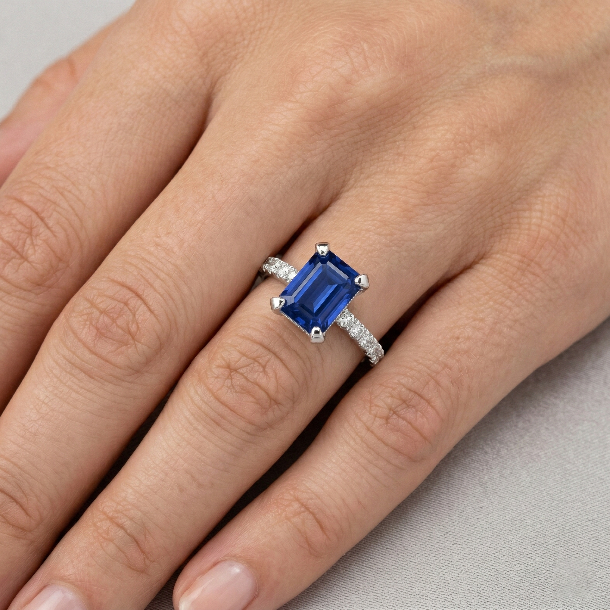 3 Carats Emerald And Round Ceylon Sapphire Natural Earth Mined DIAMOND ( NOT LAB GROWN ) Ring Prong Set