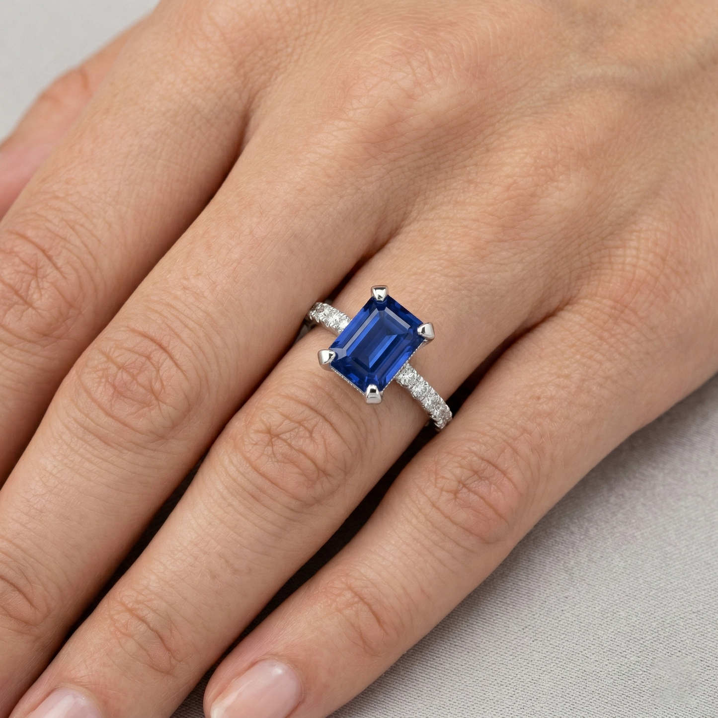 3 Carats Emerald And Round Ceylon Sapphire Natural Earth Mined DIAMOND ( NOT LAB GROWN ) Ring Prong Set