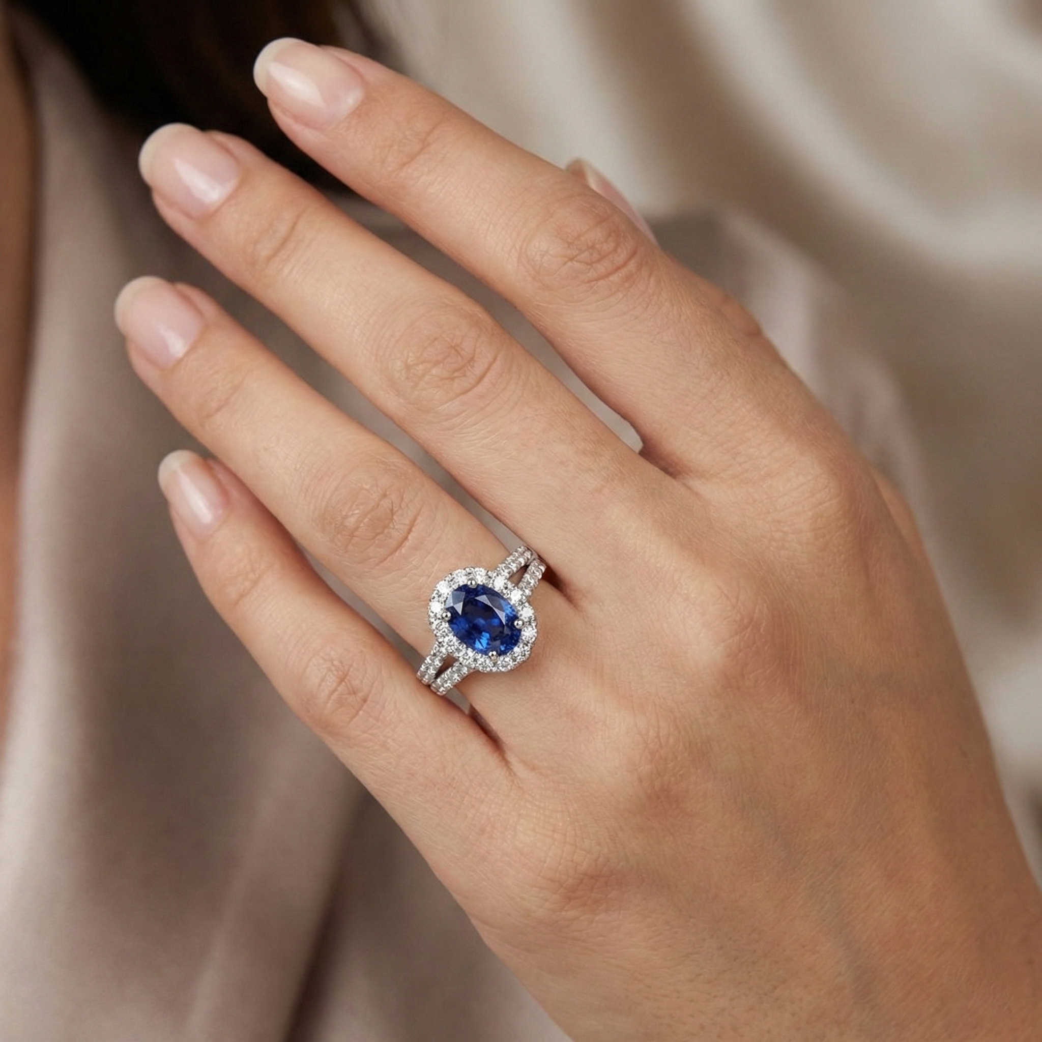 3 Ct Oval Blue Sapphire And Round Natural Earth Mined DIAMOND ( NOT LAB GROWN )s Ring White Gold 14K