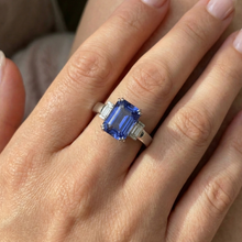 3 Stone Blue Sapphire Emerald Ring 3 Carats Bar Set Baguette Natural Earth Mined Diamonds