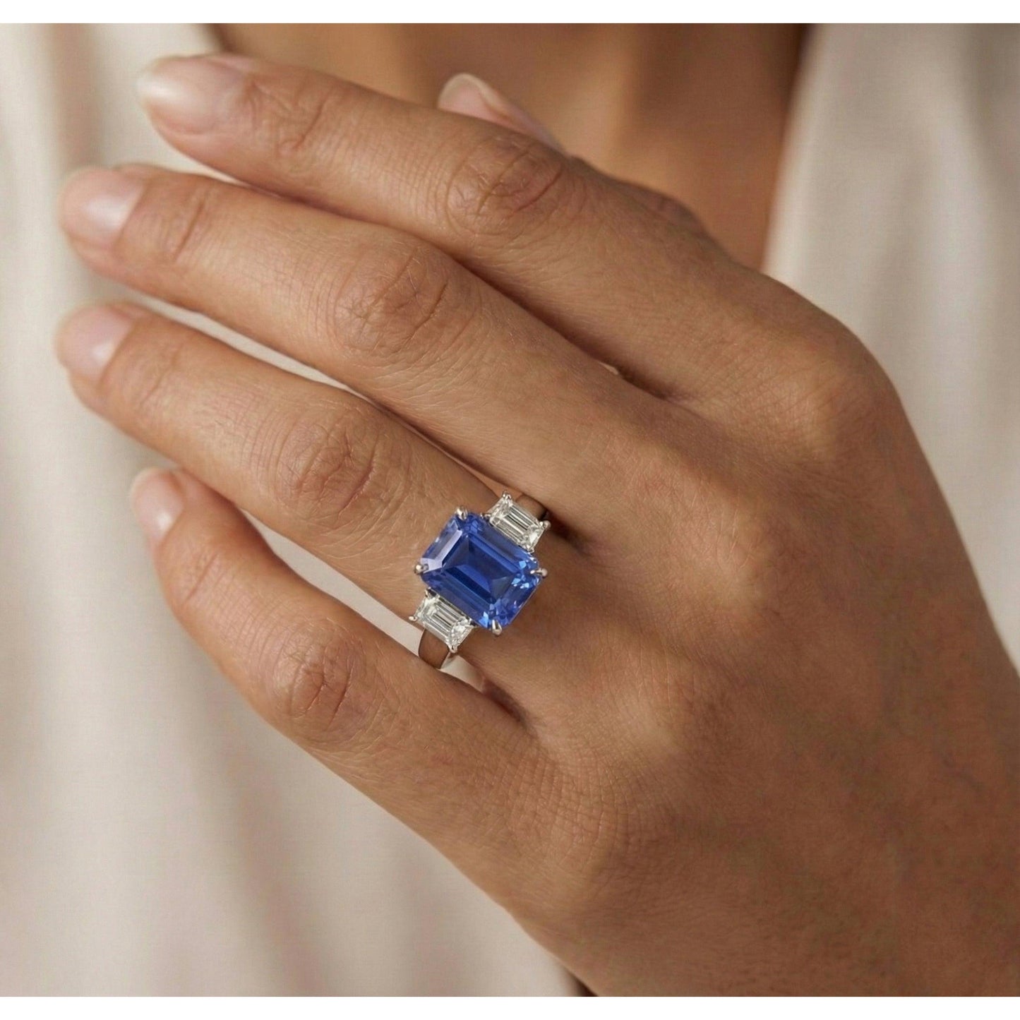 3 Stone Blue Sapphire Ring With Natural Earth Mined Diamonds