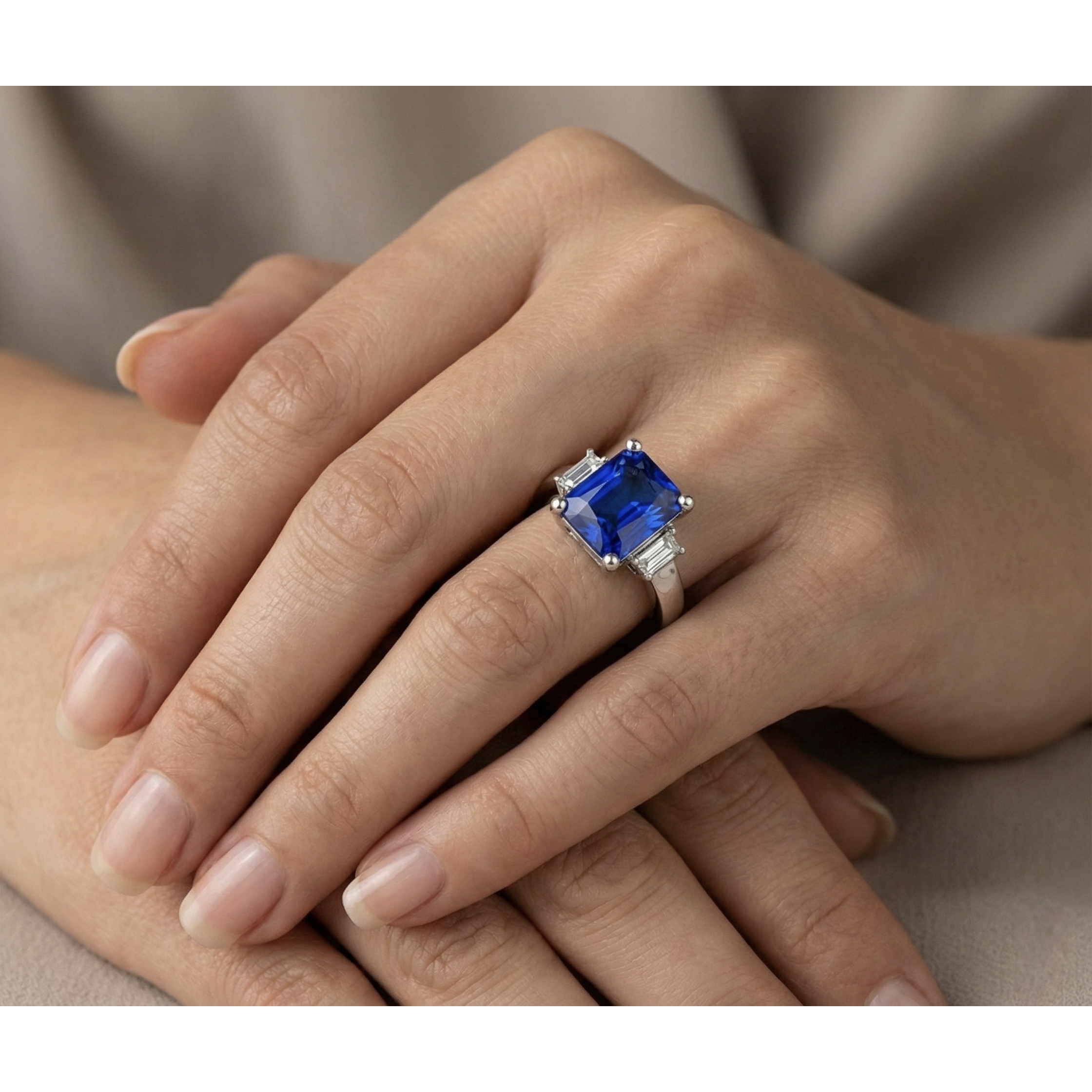 3 Stone Gold Radiant Sapphire Ring Straight Baguette Natural Earth Mined Diamonds 4 Carats