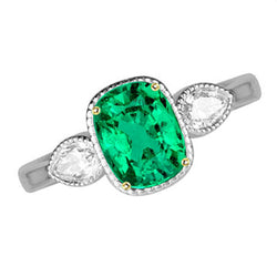 Cushion Fine Emerald Precious Stone Ring in Two-Tone 14K Gold