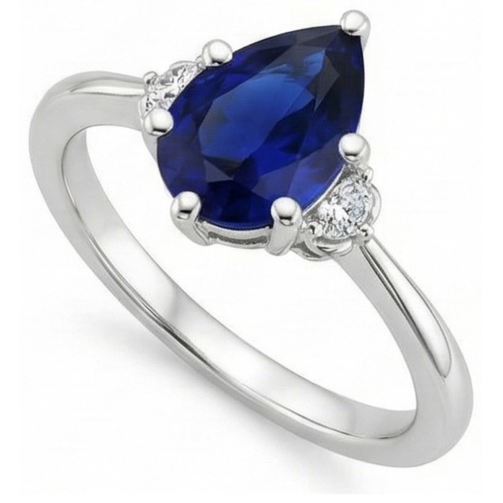 3 Stone Natural Earth Mined Diamond & Blue Sapphire Ring 6.75 Carats Tapered Shank Gold
