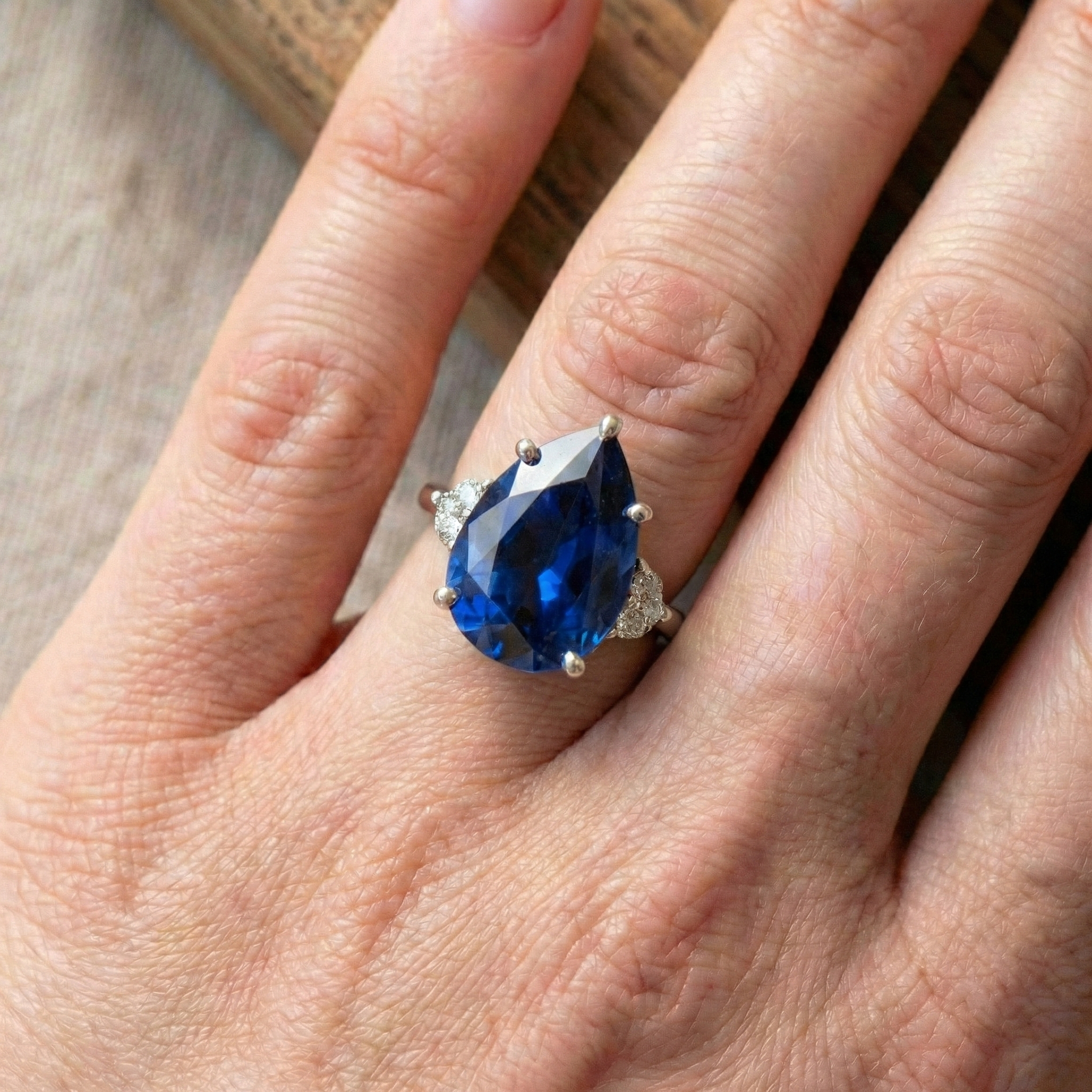 3 Stone Natural Earth Mined Diamond & Blue Sapphire Ring 6.75 Carats Tapered Shank Gold