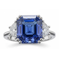 3 Stone Ring Trapezoid Natural Earth Mined Diamonds With Asscher Blue Sapphire 5 Carats