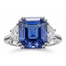3 Stone Ring Trapezoid Natural Earth Mined Diamonds With Asscher Blue Sapphire 5 Carats