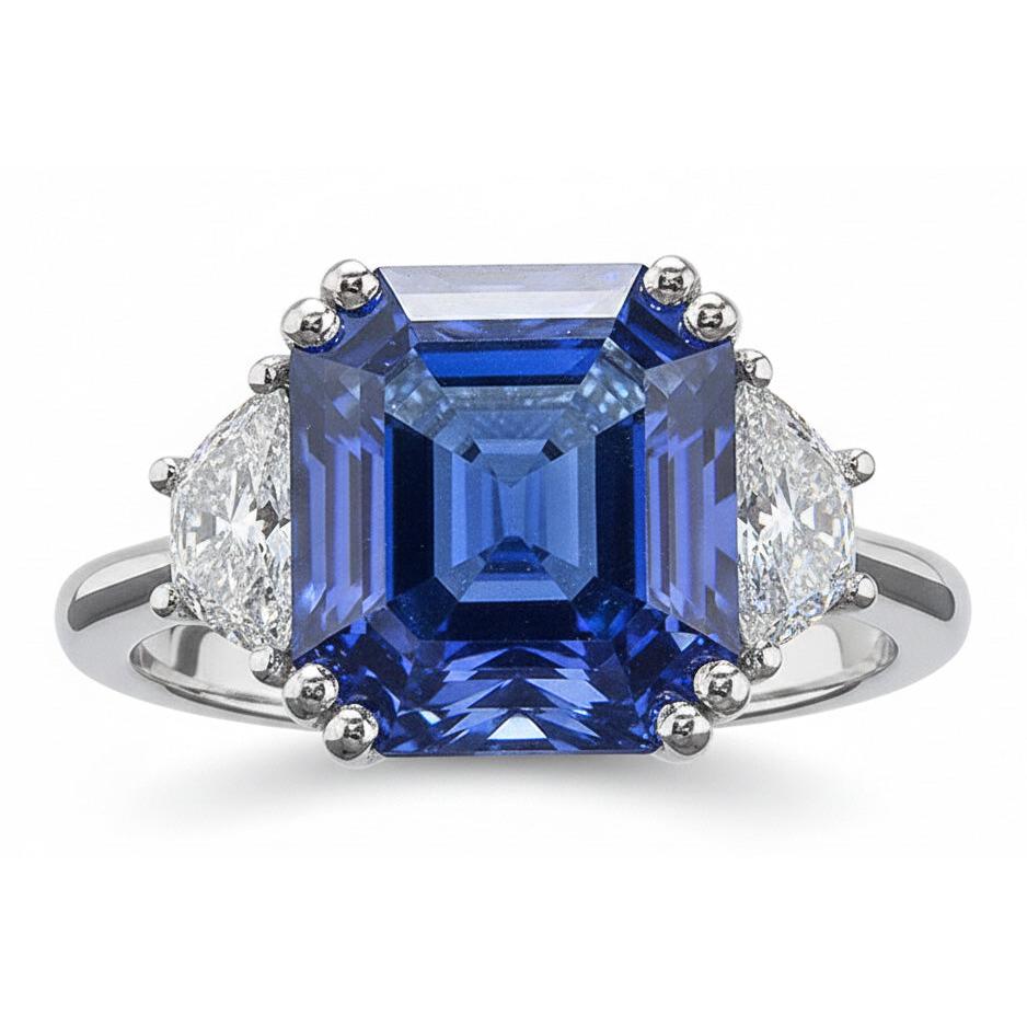 3 Stone Ring Trapezoid Natural Earth Mined Diamonds With Asscher Blue Sapphire 5 Carats