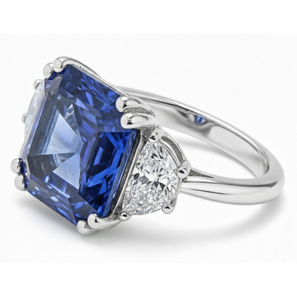 3 Stone Ring Trapezoid Natural Earth Mined Diamonds With Asscher Blue Sapphire 5 Carats