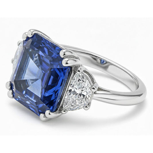 3 Stone Ring Trapezoid Natural Earth Mined Diamonds With Asscher Blue Sapphire 5 Carats