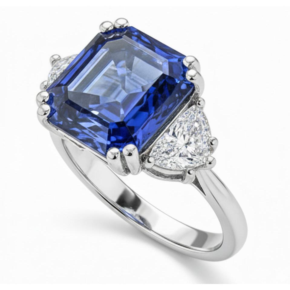 3 Stone Ring Trapezoid Natural Earth Mined Diamonds With Asscher Blue Sapphire 5 Carats