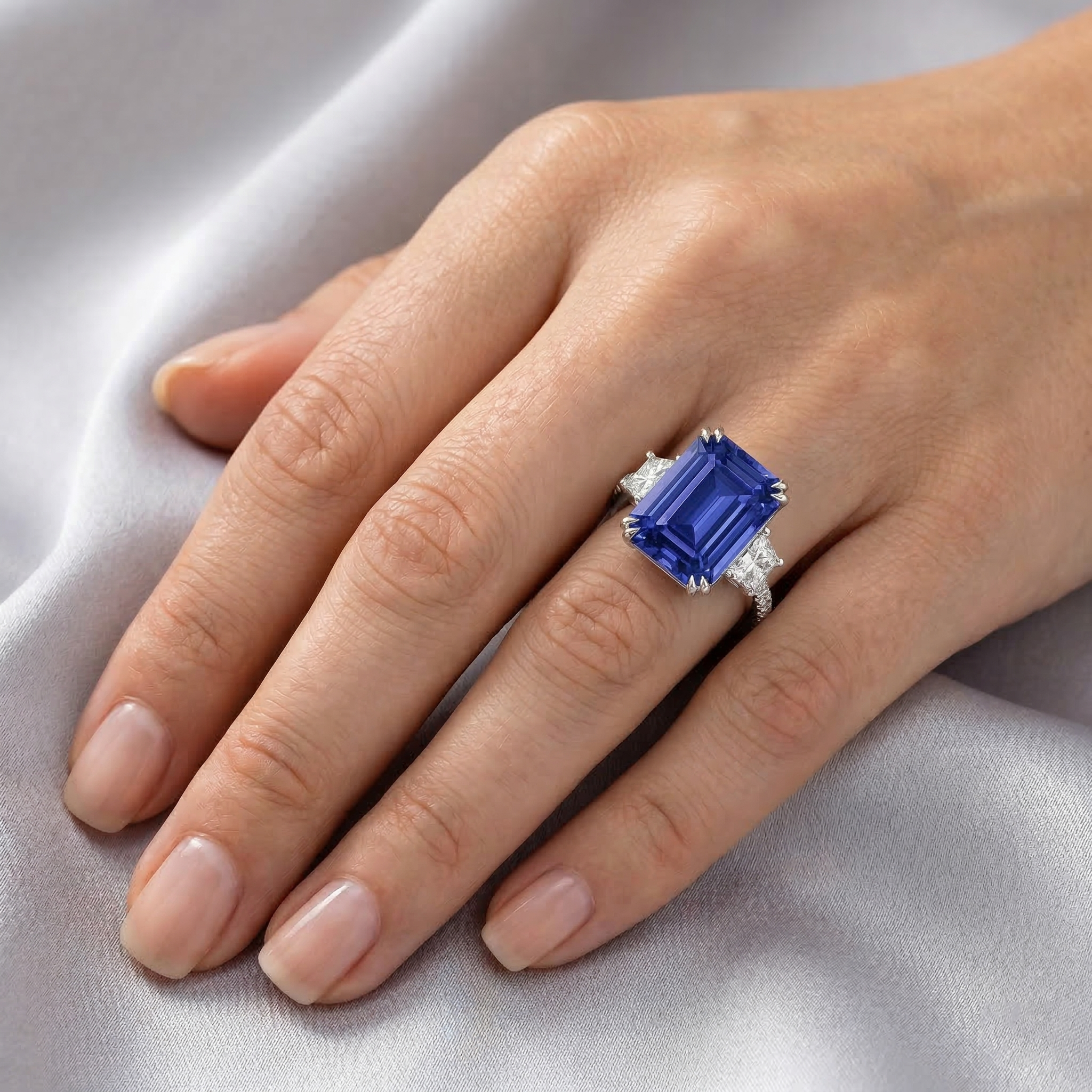 3 Stone Style Sri Lankan Sapphire Ring With Trapezoids 11.50 Carats