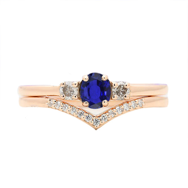 3 Stone Wedding Ring Set Blue Sapphire With Diamond Band