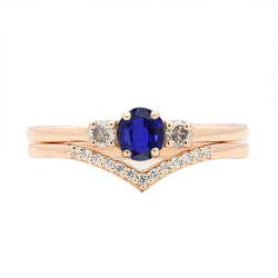3 Stone Wedding Ring Set Blue Sapphire With Natural Earth Mined Diamond Band