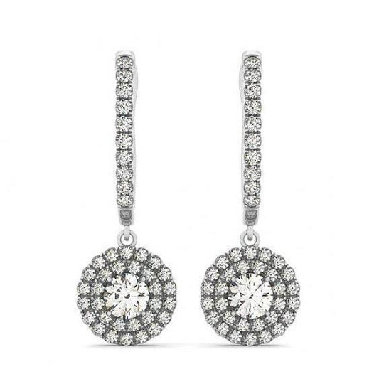 3.00 Carats Hanging Dangle Earrings Round Real Diamonds White Gold