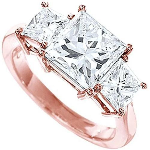 3.01 Carat Princess Cut Natural Diamond Engagement Three Stone Ring