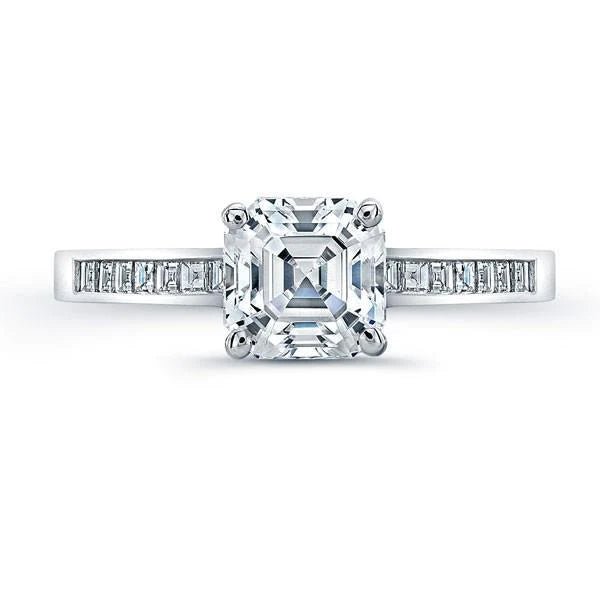 3.01 Carats Asscher Real Diamond Ring With Accents White Gold 14K