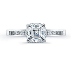 3.01 Carats Asscher Real Diamond Ring With Accents White Gold 14K
