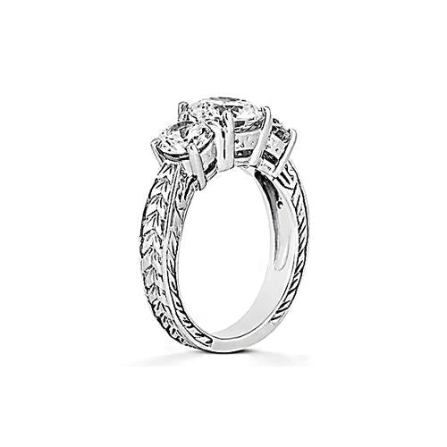 3.01 Ct. Natural Diamond 3 Stone Ring Antique Style White Gold 14K