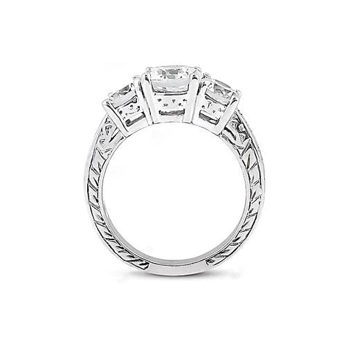 3.01 Ct. Natural Diamond 3 Stone Ring Antique Style White Gold 14K