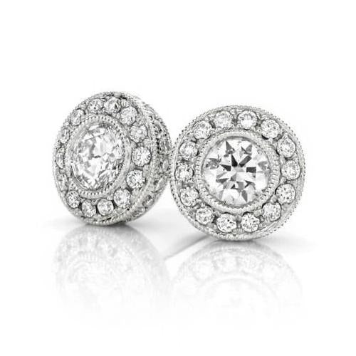 3.10 Carats Real Round Cut Diamond Women Stud Halo Earrings White Gold 14K