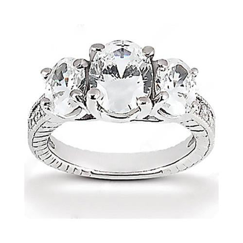 3.31 Carat 3 Stone Style Oval Genuine Diamond Engagement Ring White Gold 14K