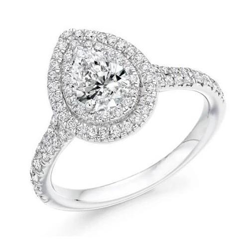 3.35 Carats Pear Real Diamond Engagement Halo Ring Gold White