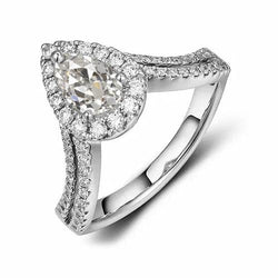 3.50 Carats Halo Pear Old Cut Genuine Diamond Ring Double Row Accents