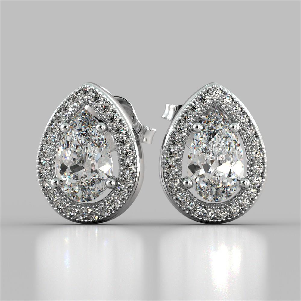 3.50 Carats Pear Cut Halo Real Diamond Stud Earring White Gold 14K
