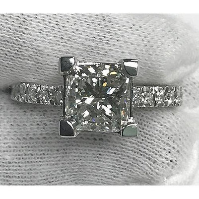 3.50 Carats Real Princess Cut Diamond Ring With Accents White Gold 14K
