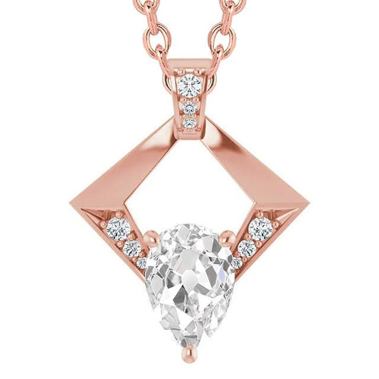 3.50 Carats Rose Gold Round & Pear Old Cut Genuine Diamond Pendant Jewelry 14K