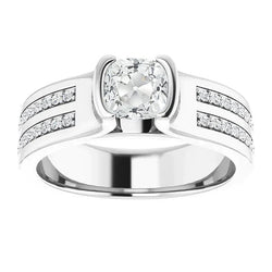 3.50 Carats Round & Cushion Old Cut Real Diamond Ring Half Bezel Set