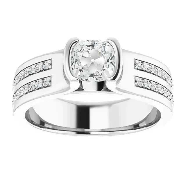 3.50 Carats Round & Cushion Old Cut Real Diamond Ring Half Bezel Set