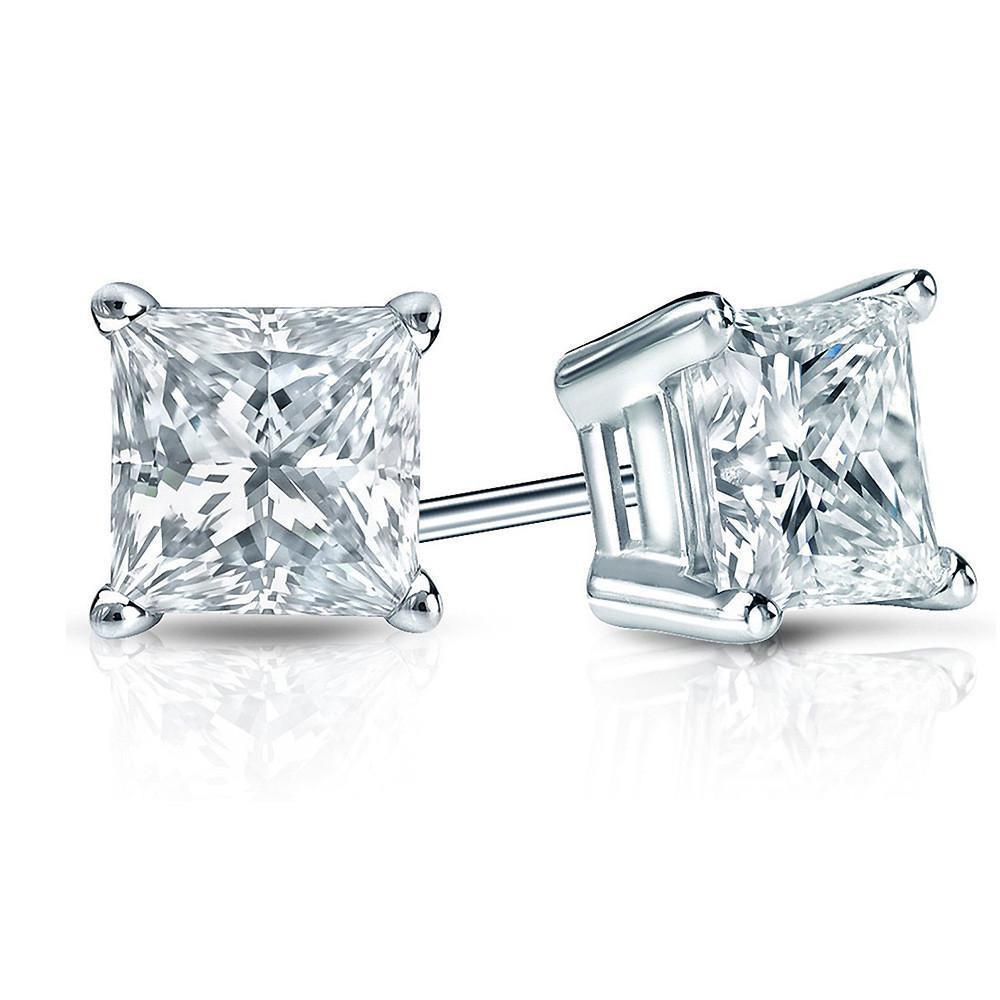 3.50 Ct Princess Cut Natural Diamond Stud Earring Pair White Gold Fine