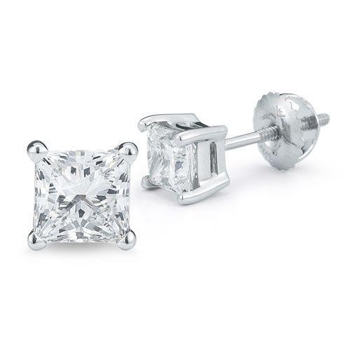 3.50 Ct Princess Cut Real Diamond Stud Earrings 14K White Gold